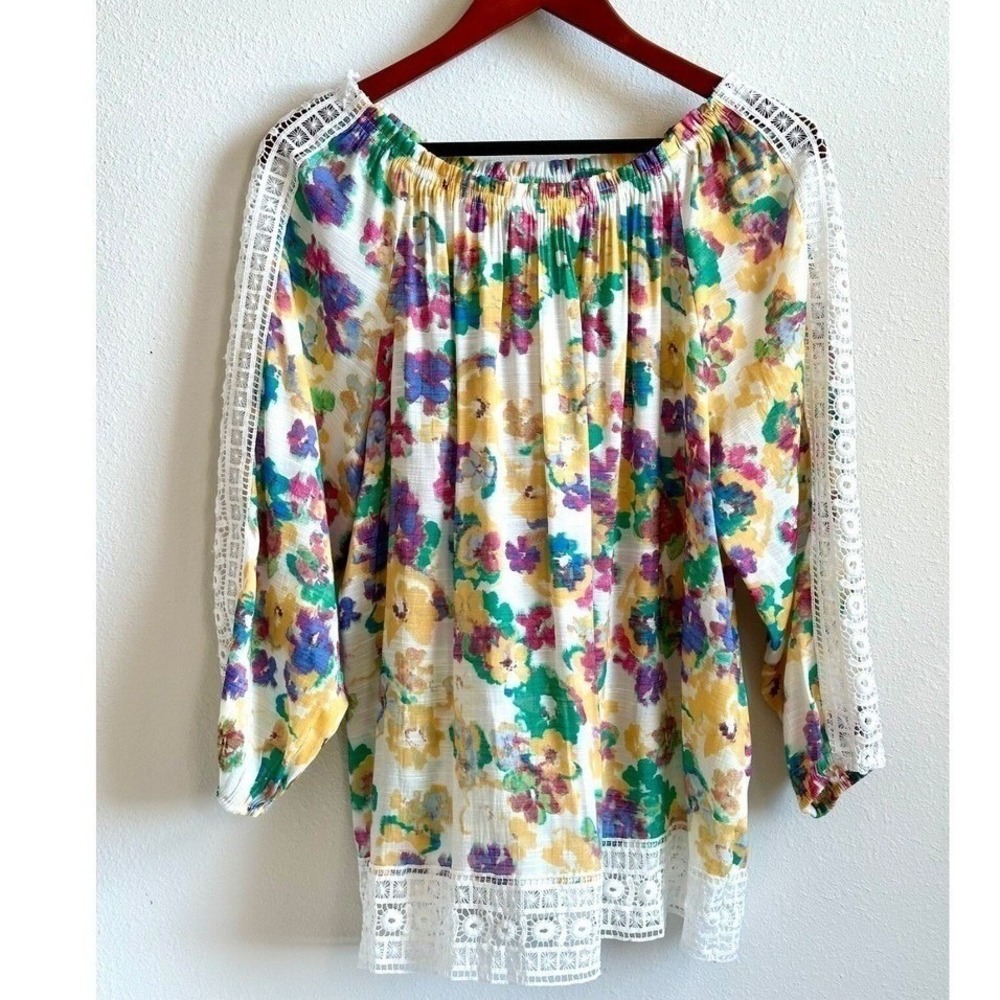 HOPE & HARLOW Off-Shoulder Blouse Crocheted Sheer Sleeves Floral Women's Large